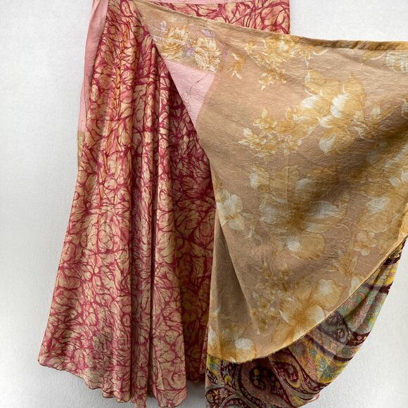 Silk Skirt L Peasant Boho Flare Reversible Wrap Midi Layered Tie Side Pink - Picture 7 of 11